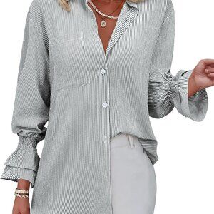 Women's Striped Button Down Shirt Smocked Cuffed Boyfriend Blouse Ruffle Sleeve